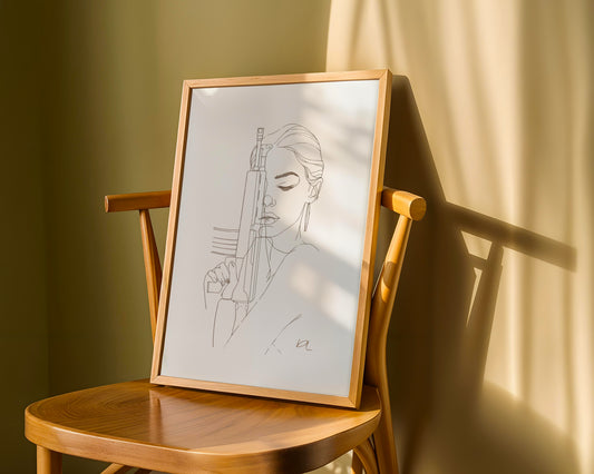 Fierce Woman with Rifle – Minimalist Line Art Poster