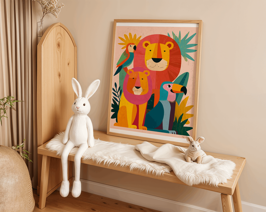 Colorful Jungle Animals Poster – Kids Wall Art with Lions & Birds