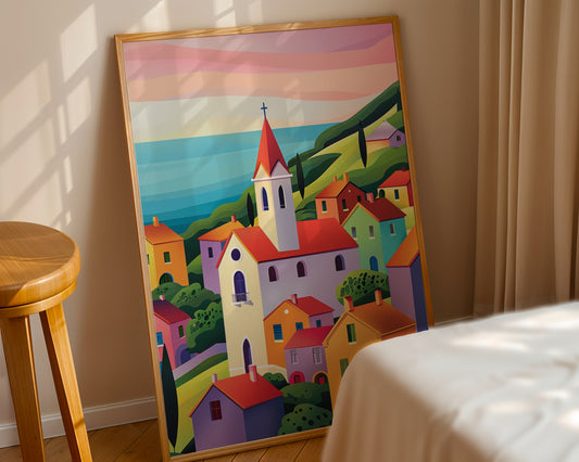 Colorful Village by the Sea – Mediterranean Wall Art