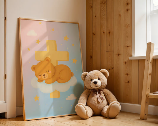 Sleeping Bear with Cross Christian Kids Wall Art Poster