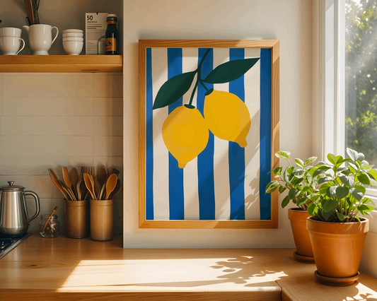 Modern Lemons Poster – Mediterranean Wall Art with Blue Stripes