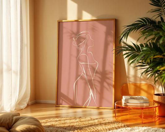 Minimalist Line Art Woman Poster – Modern Pink Wall Décor