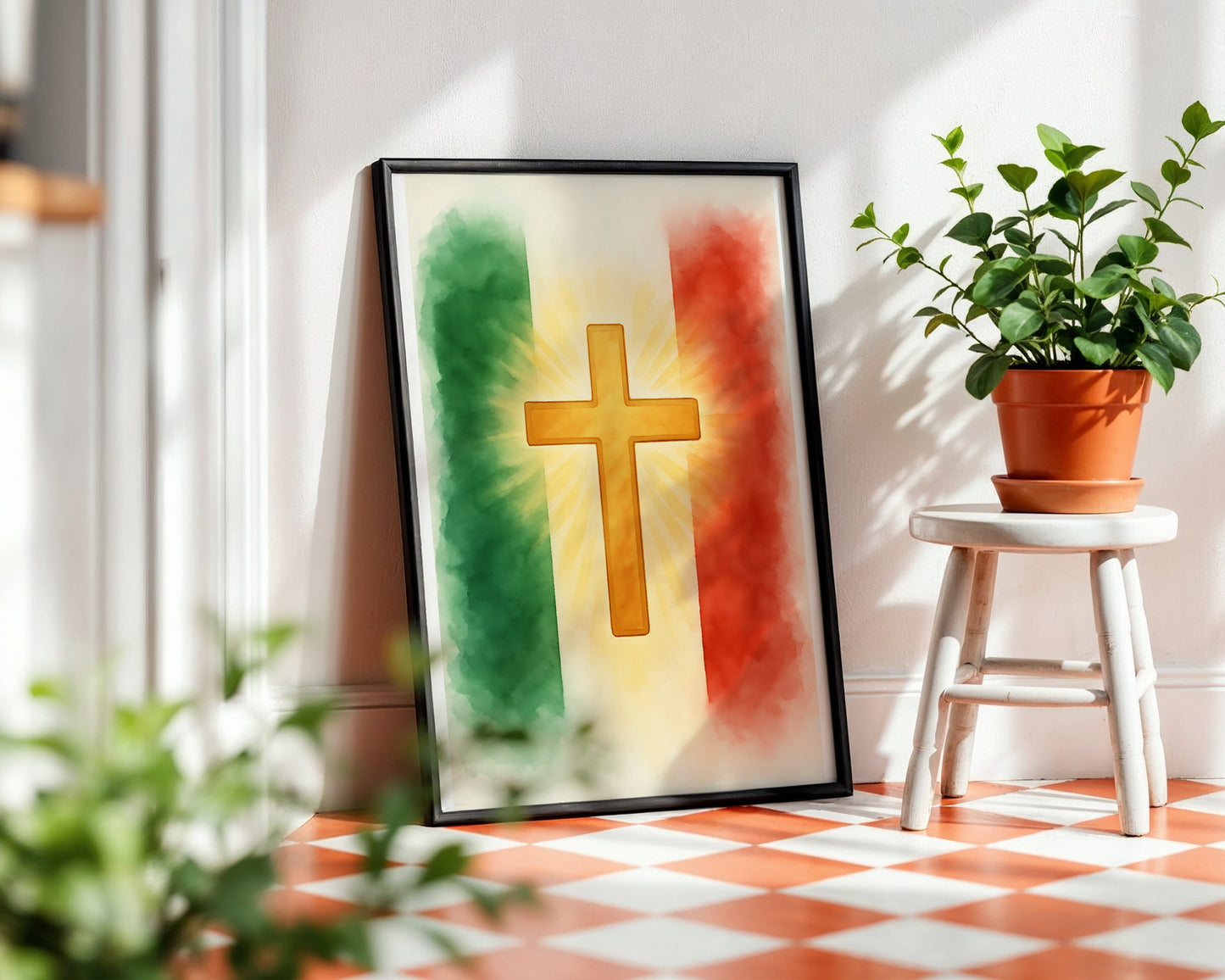 Mexican Flag Christian Cross Poster - Wall Art in Watercolor