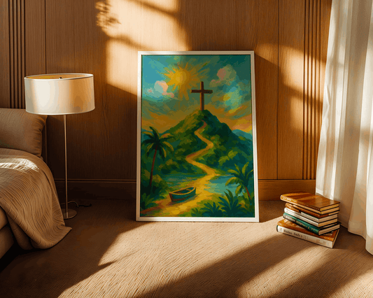 Path to the Cross – Christian Wall Art, Tropical Sunset Landscape Painting