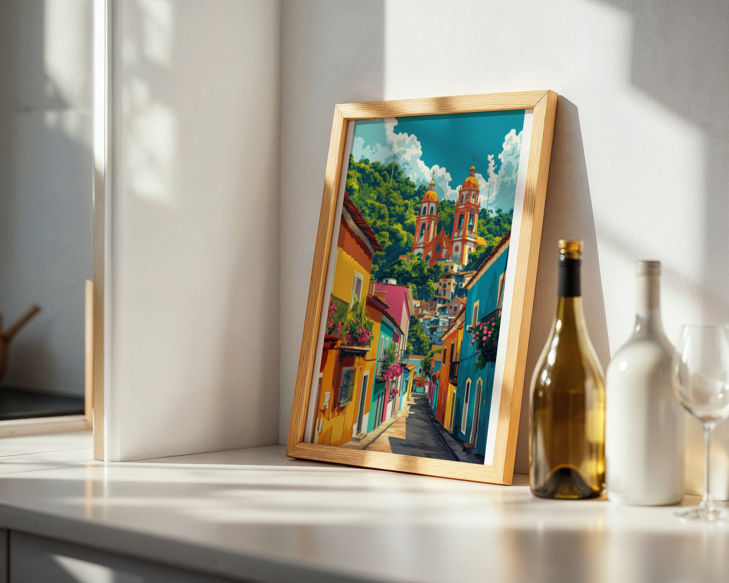 Colorful Mexican Street with Church Wall Art Poster