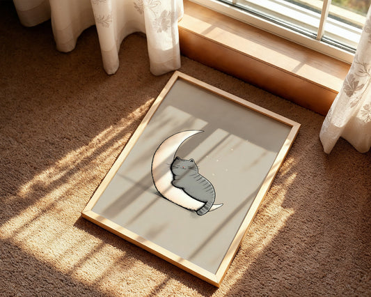 Sleeping Cat on Moon – Cute Kids Wall Art Poster
