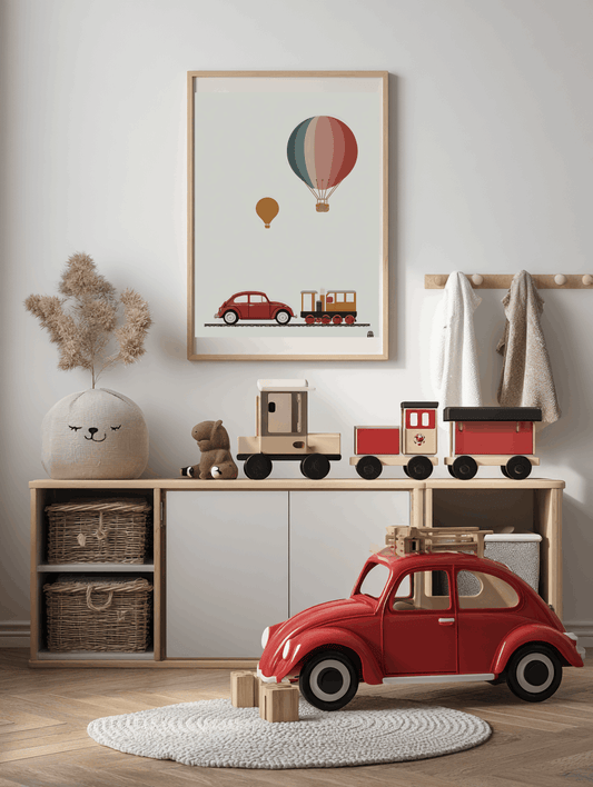 Kids Transport Poster – Car, Train & Hot Air Balloon Wall Art