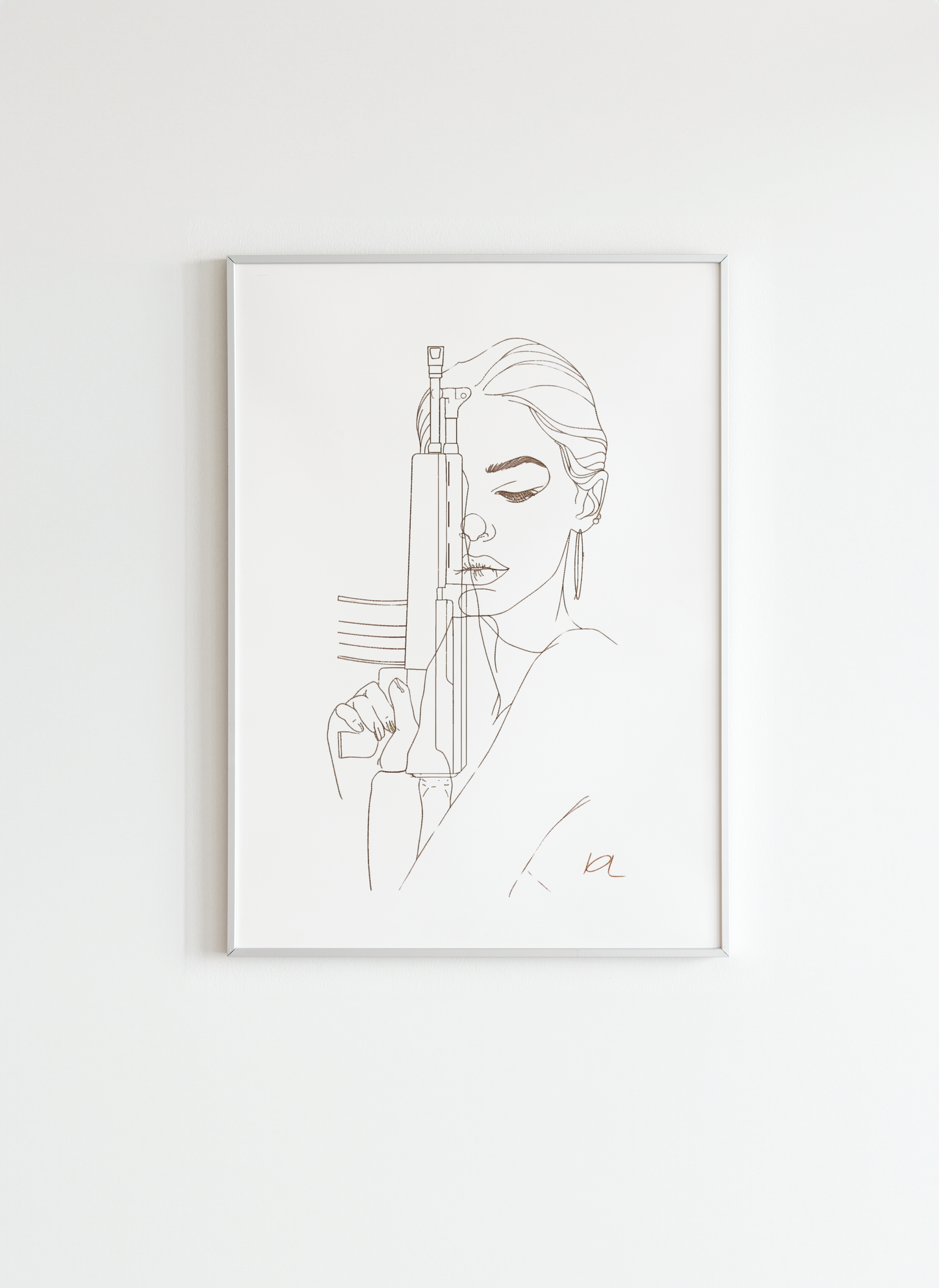 Fierce Woman with Rifle – Minimalist Line Art Poster