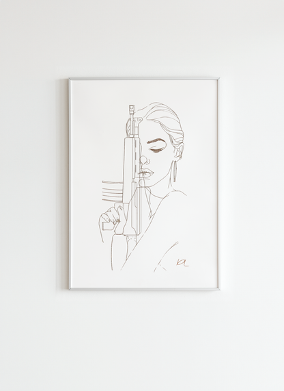 Fierce Woman with Rifle – Minimalist Line Art Poster