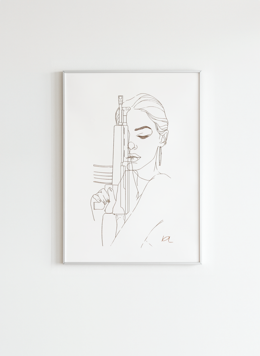 Fierce Woman with Rifle – Minimalist Line Art Poster