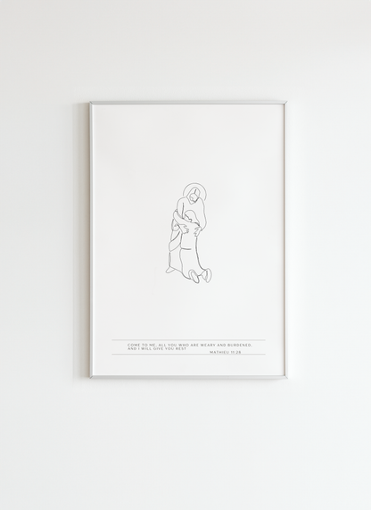Minimalist Jesus Line Art Poster with Bible Verse Matthew 11:28