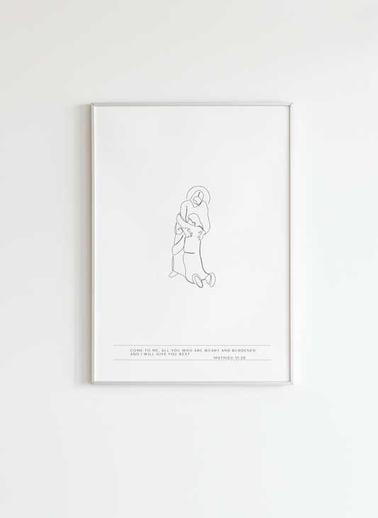 Minimalist Jesus Line Art Poster with Bible Verse Matthew 11:28