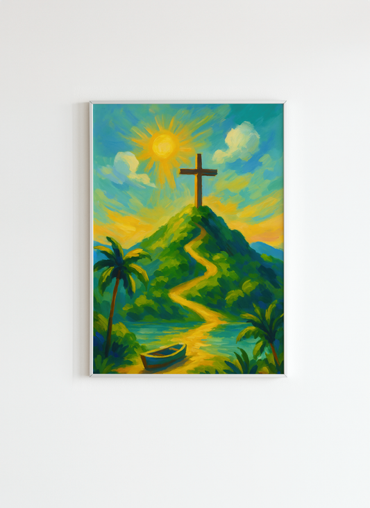 Path to the Cross – Christian Wall Art, Tropical Sunset Landscape Painting
