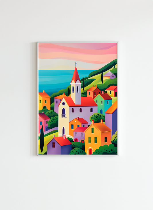 Colorful Village by the Sea – Mediterranean Wall Art