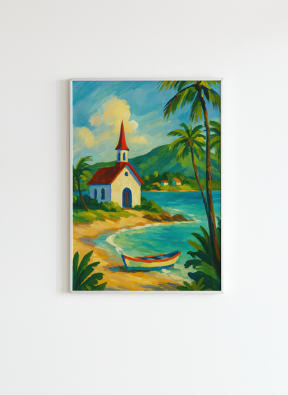 Tropical Church by the Sea – Caribbean Coastal Wall Art, Beach Painting Print