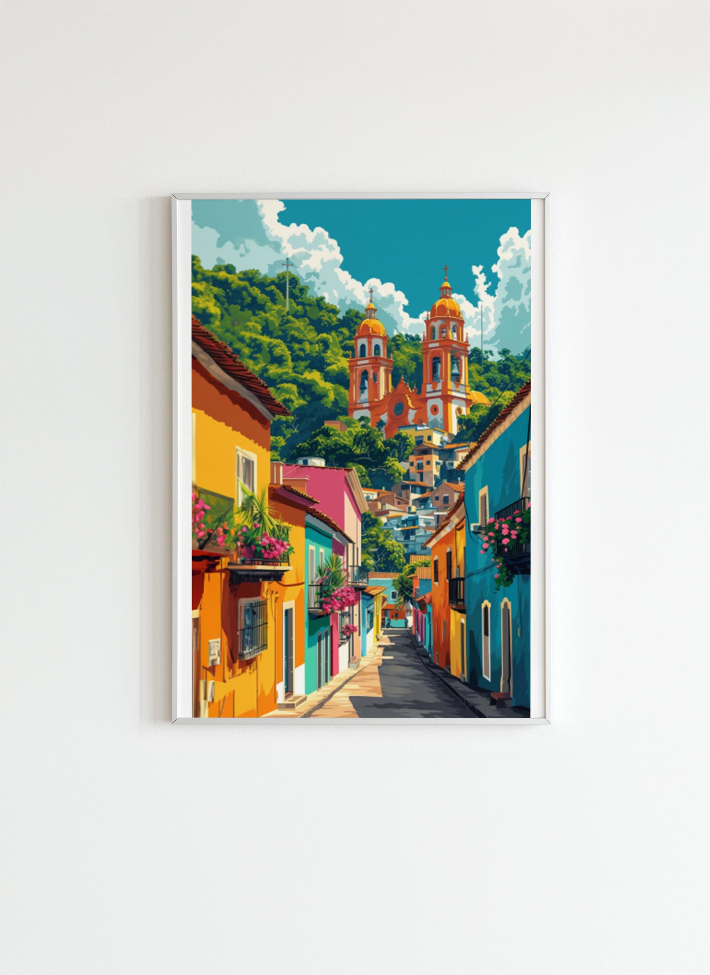 Colorful Mexican Street with Church Wall Art Poster
