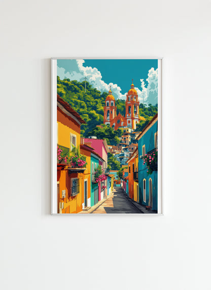 Colorful Mexican Street with Church Wall Art Poster