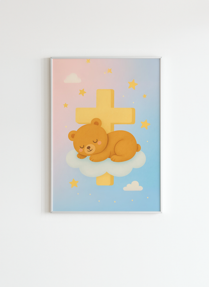 Sleeping Bear with Cross Christian Kids Wall Art Poster