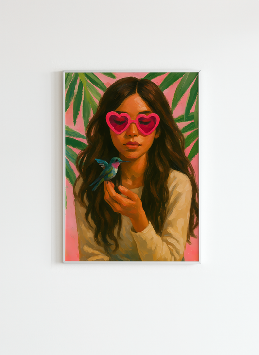 Boho Wall Art – Tropical Girl with Hummingbird Print