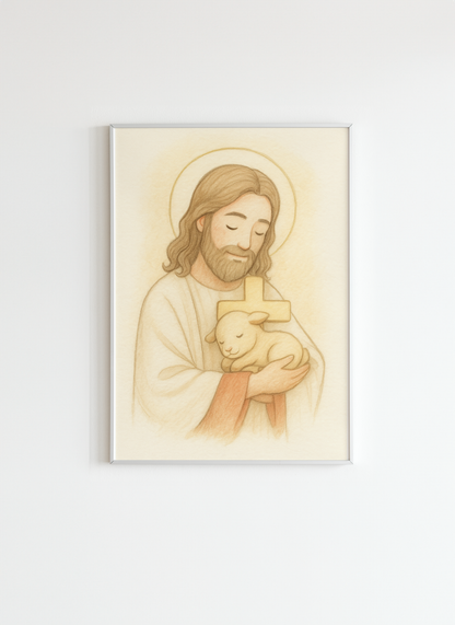 Good Shepherd Poster – Jesus with Lamb Religious Home Decor