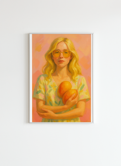 Blonde Woman Wall Art – Colorful Tropical Poster with Mangoes
