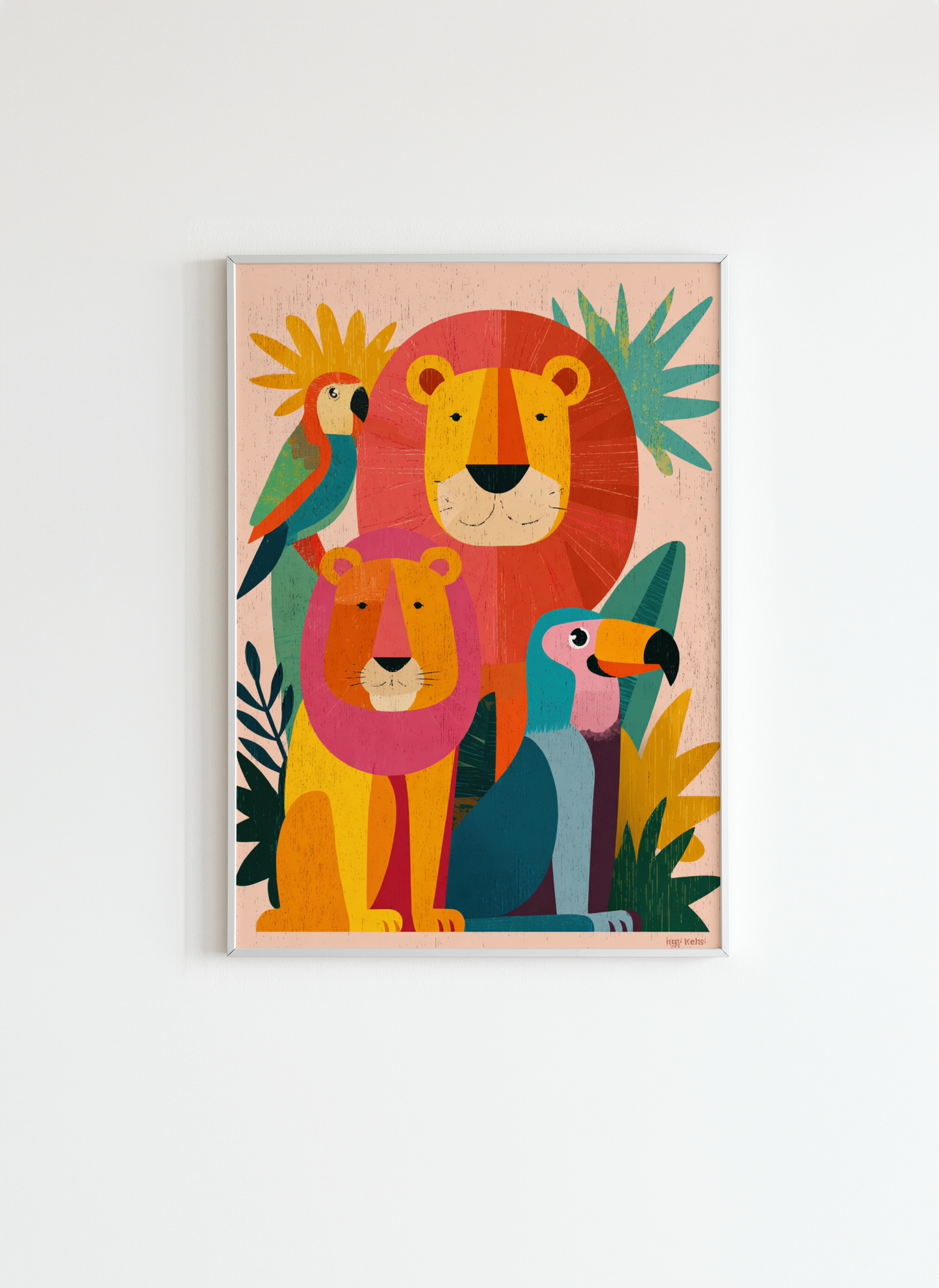 Colorful Jungle Animals Poster – Kids Wall Art with Lions & Birds