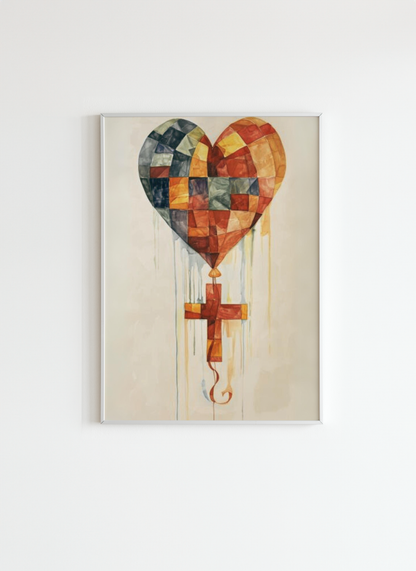 Abstract Heart and Cross Christian Wall Art Poster