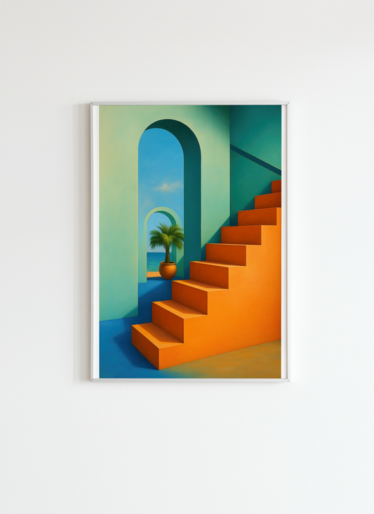 Surreal Architectural Wall Art – Colorful Stairs & Palm Poster