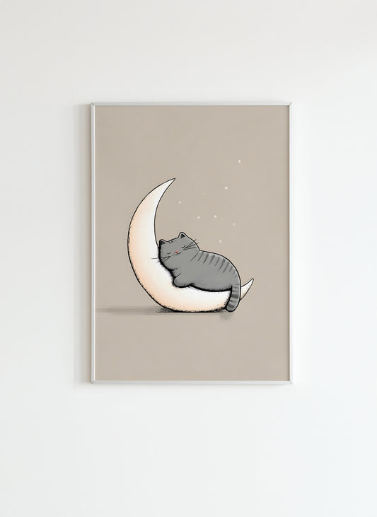 Sleeping Cat on Moon – Cute Kids Wall Art Poster