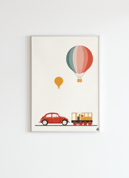 Kids Transport Poster – Car, Train & Hot Air Balloon Wall Art