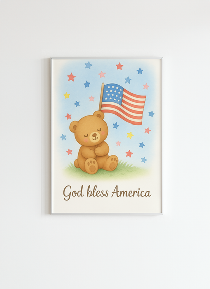 God Bless America Nursery Wall Art – Cute Bear with American Flag