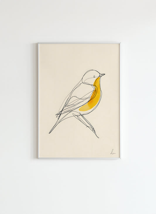 Minimalist Line Art Bird – Modern Wall Decor with Yellow Accent