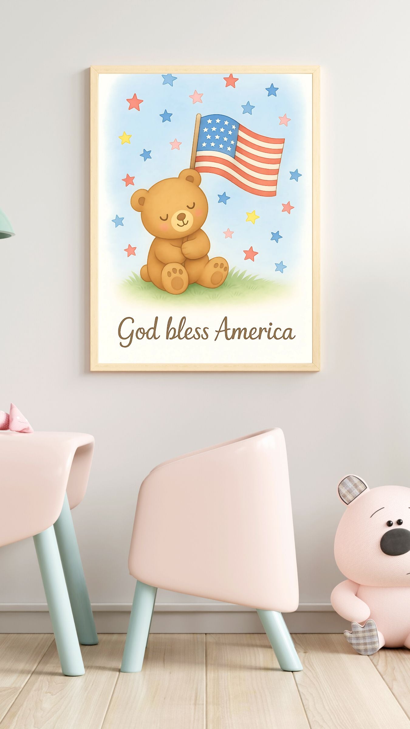 God Bless America Nursery Wall Art – Cute Bear with American Flag