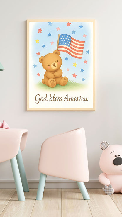 God Bless America Nursery Wall Art – Cute Bear with American Flag