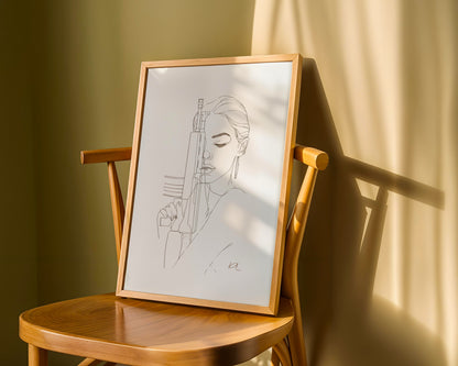 Fierce Woman with Rifle – Minimalist Line Art Poster