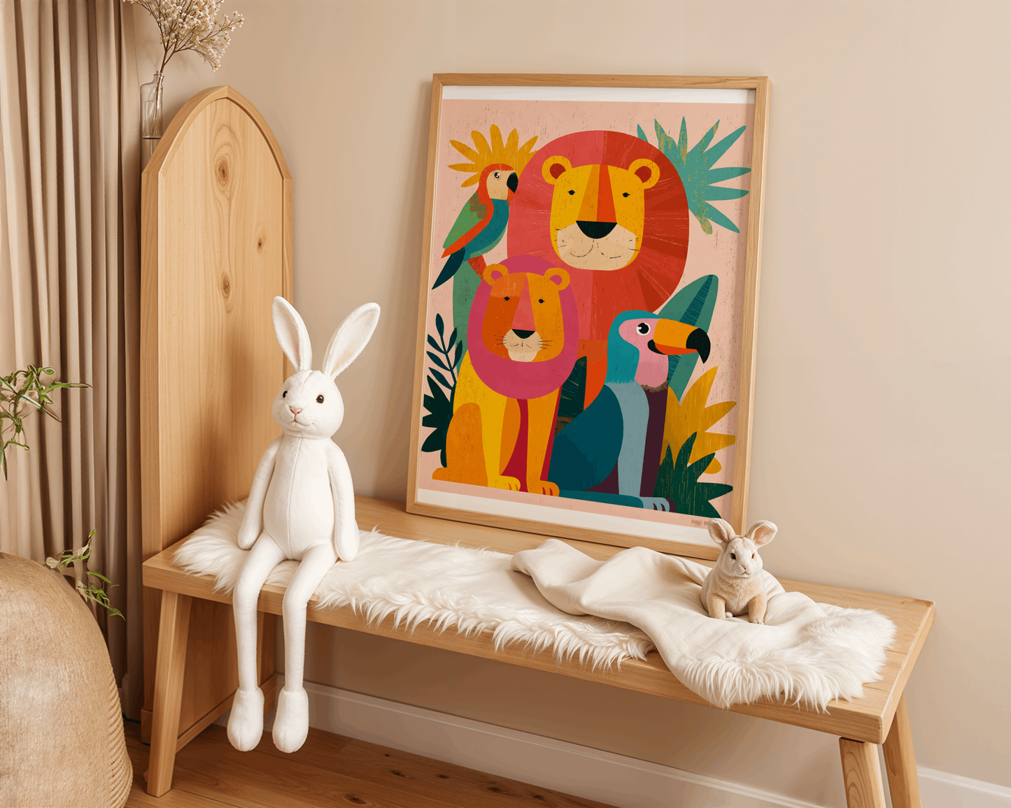 Colorful Jungle Animals Poster – Kids Wall Art with Lions & Birds