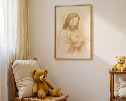Good Shepherd Poster – Jesus with Lamb Religious Home Decor