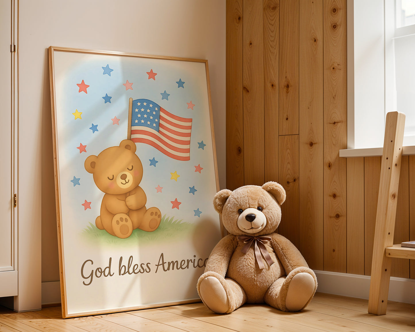 God Bless America Nursery Wall Art – Cute Bear with American Flag