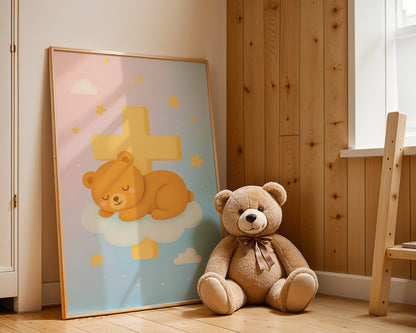 Sleeping Bear with Cross Christian Kids Wall Art Poster