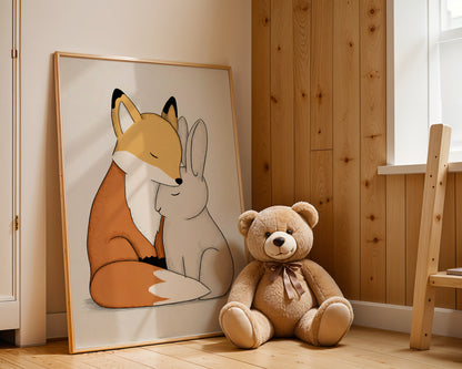 Cute Fox and Rabbit Hug Poster – Kids Animal Wall Art