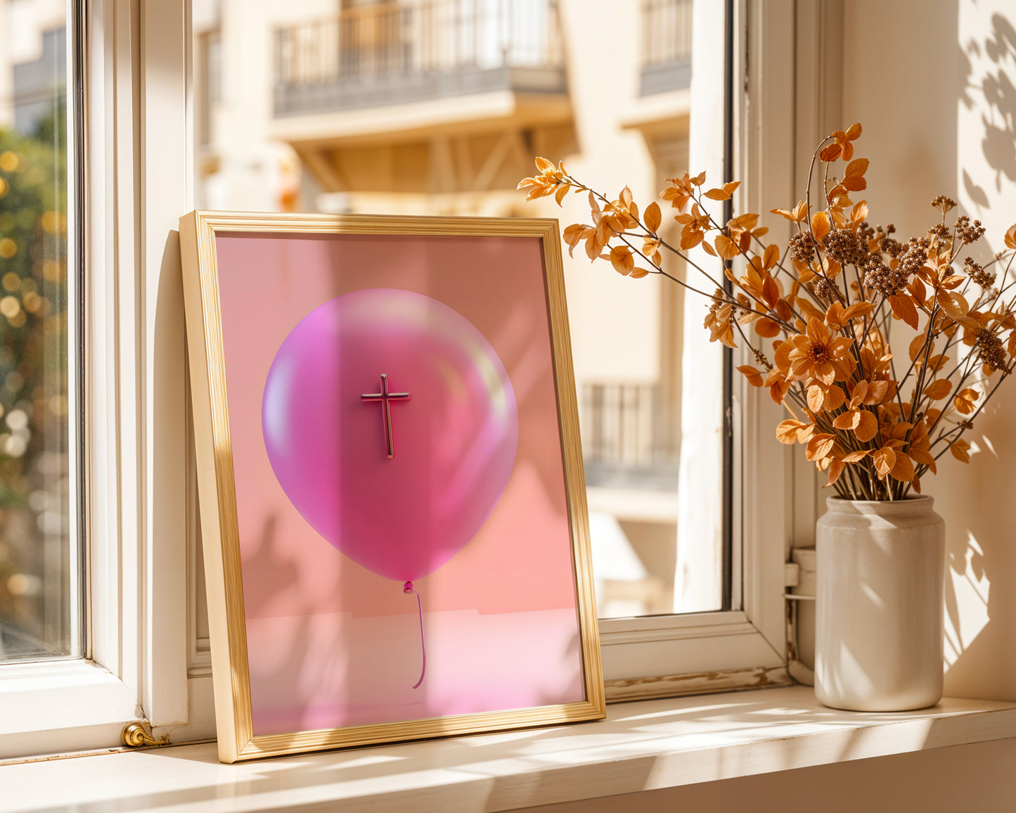 Pink Balloon with Cross – Modern Christian Wall Art Poster