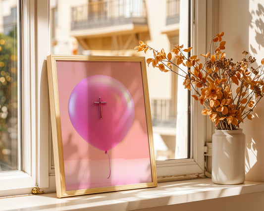 Pink Balloon with Cross – Modern Christian Wall Art Poster