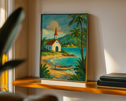 Tropical Church by the Sea – Caribbean Coastal Wall Art, Beach Painting Print