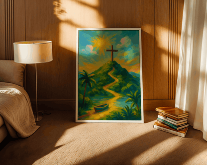 Path to the Cross – Christian Wall Art, Tropical Sunset Landscape Painting