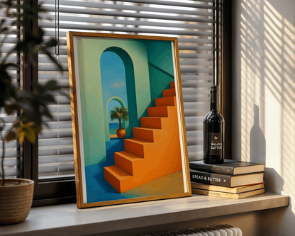 Surreal Architectural Wall Art – Colorful Stairs & Palm Poster