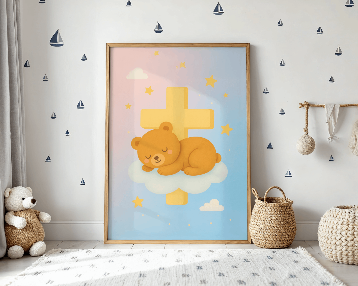 Sleeping Bear with Cross Christian Kids Wall Art Poster