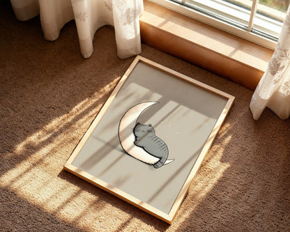 Sleeping Cat on Moon – Cute Kids Wall Art Poster