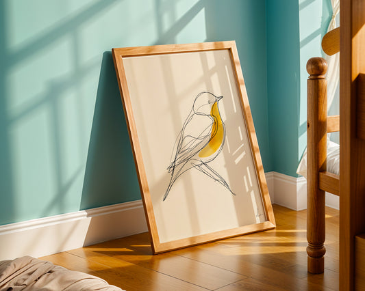 Minimalist Line Art Bird – Modern Wall Decor with Yellow Accent